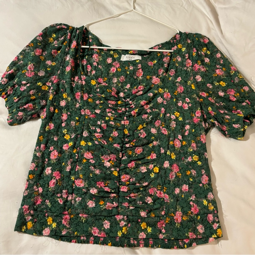 Green Flower Print Cottagecore Lace Blouse